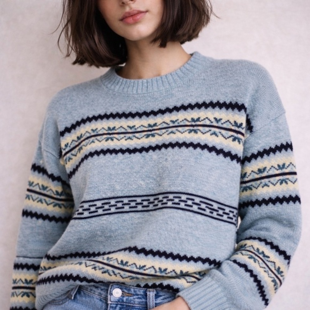 Vintage Jantzen Cabin Core Nordic Knit Sweater Blue Fair‎ Isle Stripe Medium